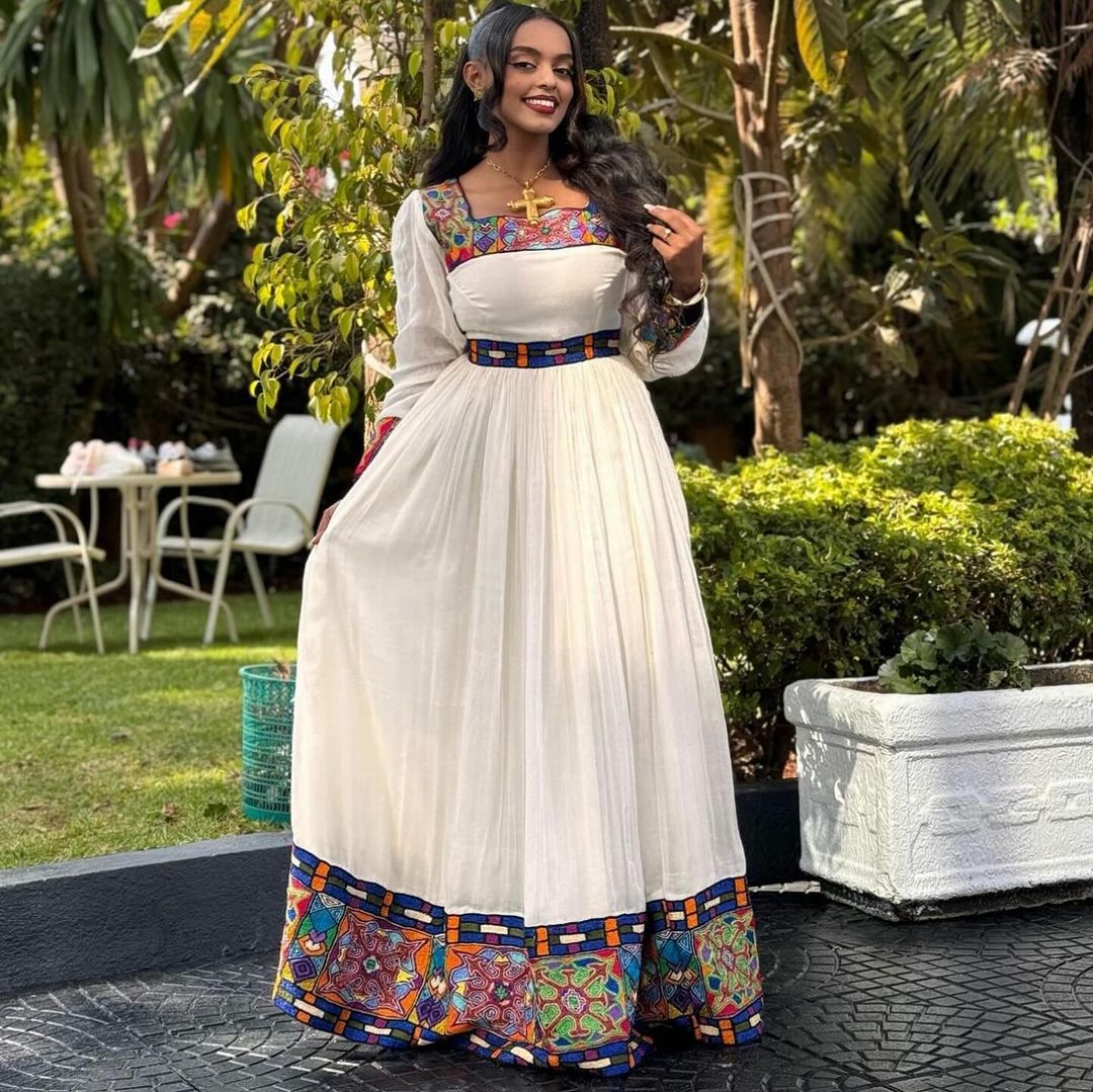 Colorful Pattern Habesha Kemis in Ethiopian Traditional Dress Style