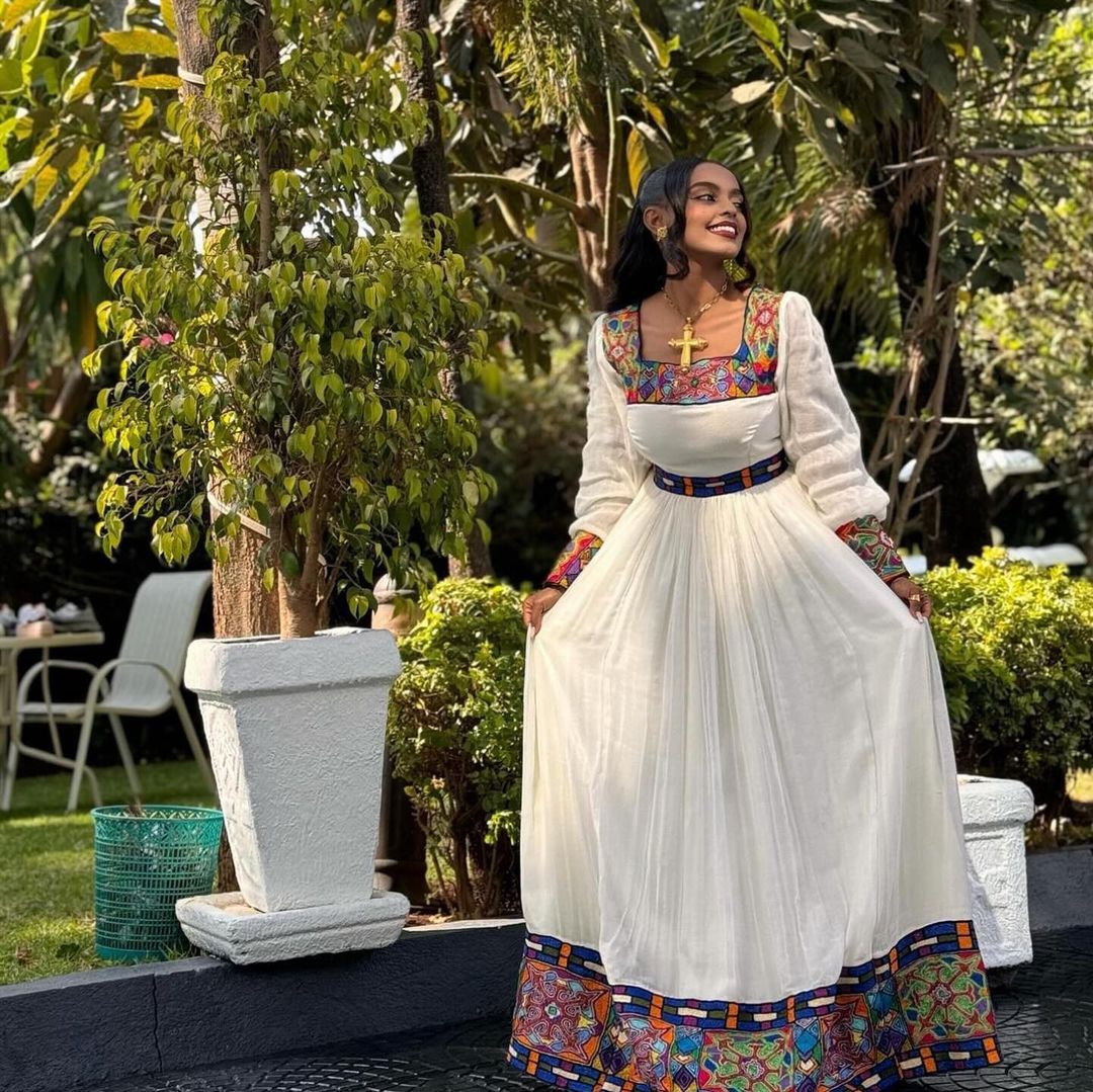 Colorful Pattern Habesha Kemis in Ethiopian Traditional Dress Style