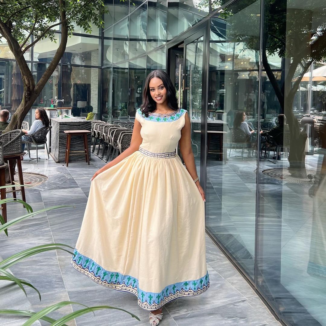 Modern Ethiopian Traditional Dress with Blue Design Elegant Habesha Dress