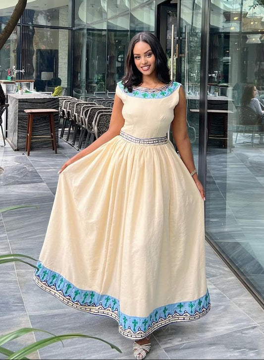 Modern Ethiopian Traditional Dress with Blue Design Elegant Habesha Dress