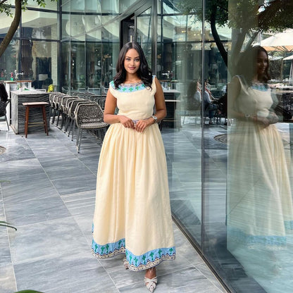 Modern Ethiopian Traditional Dress with Blue Design Elegant Habesha Dress