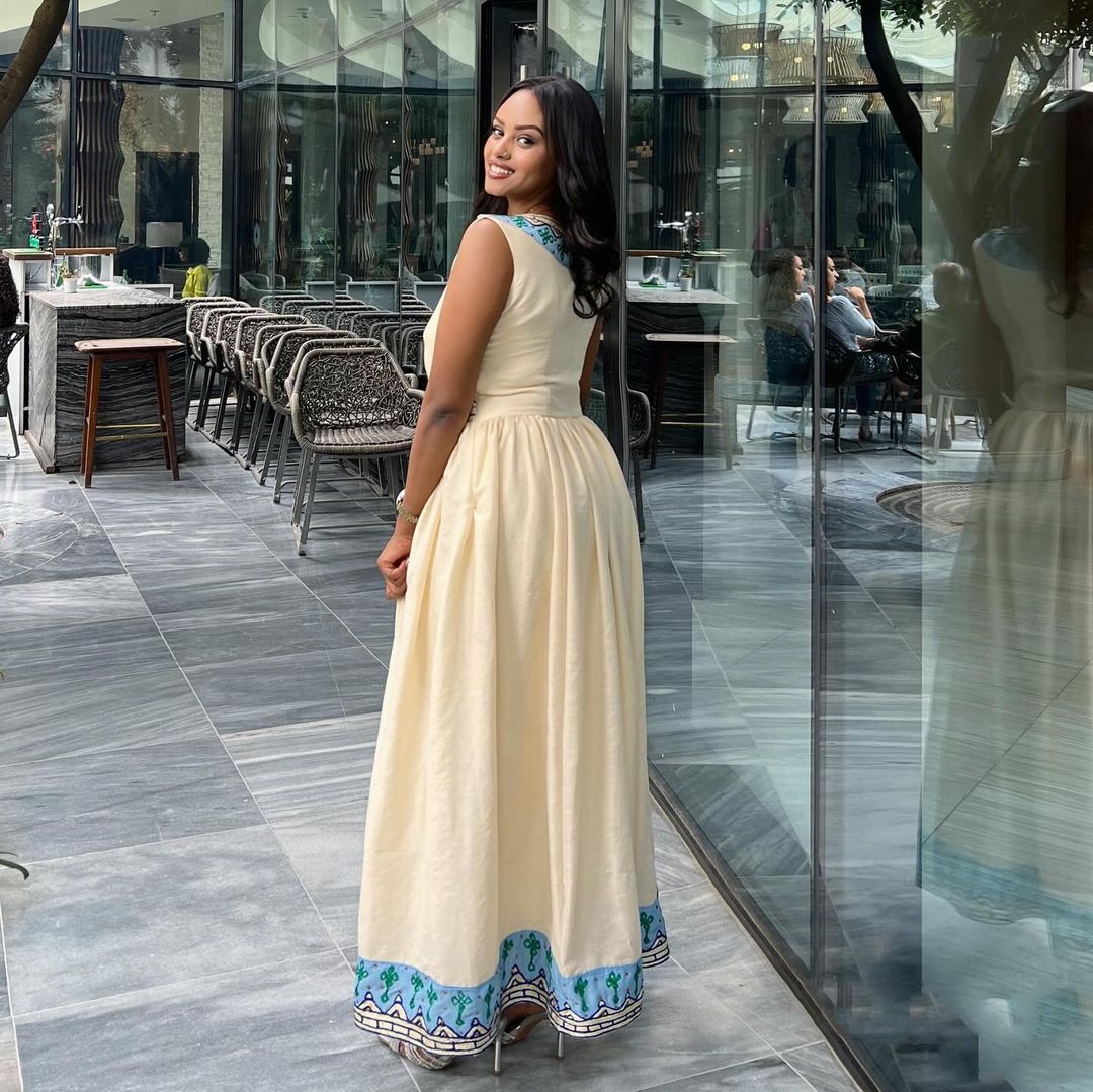 Modern Ethiopian Traditional Dress with Blue Design Elegant Habesha Dress
