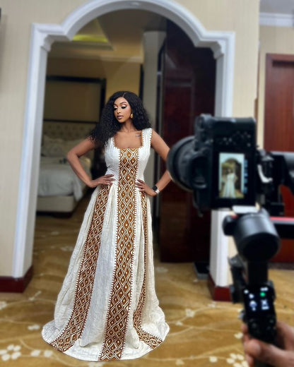 Modern Elegance Brown Habesha Kemis Embodying Ethiopian Traditional Dress