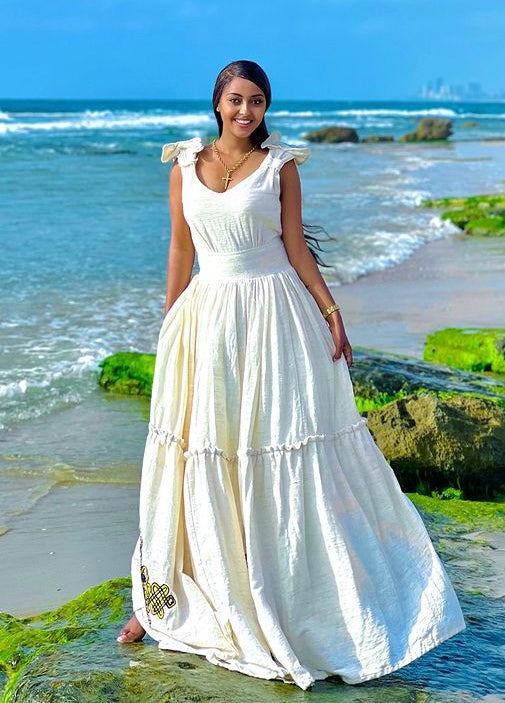 Modern Fusion Habesha Dress With a Cross Design at the bottom Traditional Ethiopian Dress