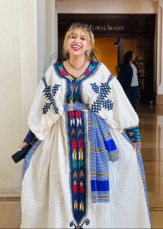 ethiopian traditional dress blue Blue Ethiopian Kemis Handwoven Habesha Ethiopian Dress for Religious Holidays, Weddings & Formal Cultural Gatherings S