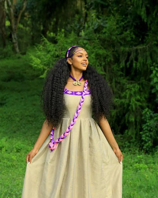 Regal White & Deep Purple Off Shoulder Habesha Kemis with Gold Accents main image 1