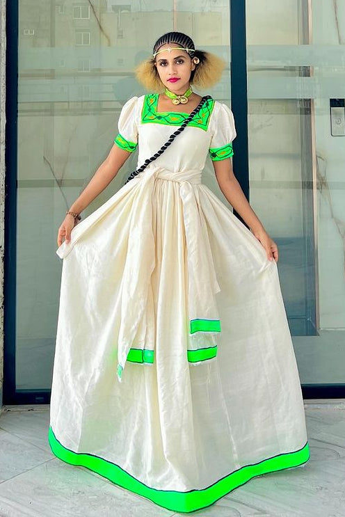Vibrant Green Ethiopian Traditional Dress Cultural Habesha Kemis