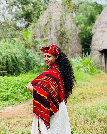 Colorful Design Wolayta Cultural Dress with Dunguza Scarf Wolayita Dress Vibrant Multi-Colored Ethiopian Dress