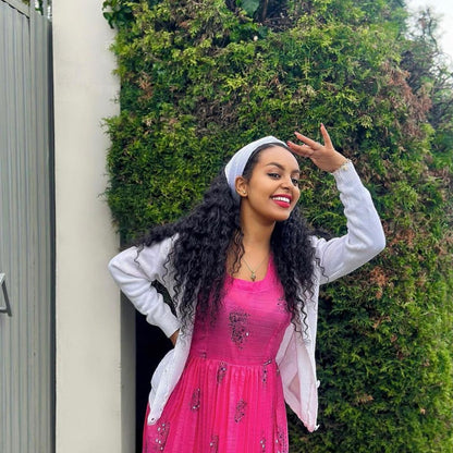Gorgeous Pink Guraghe Dress with White Sweater Traditional Gurage Cultural Outfit