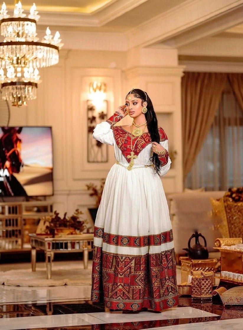 Radiant Habesha Kemis with Gold Tibeb – Classic Ethiopian Dress main image 0