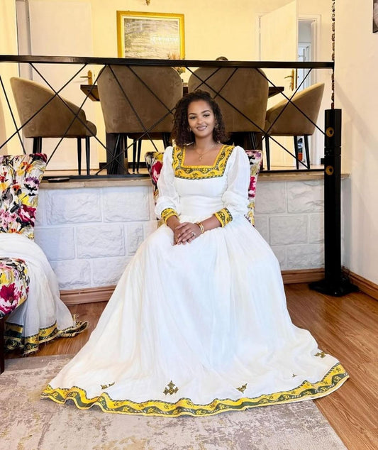 Effortless Yellow and Green Traditional Ethiopian Dress