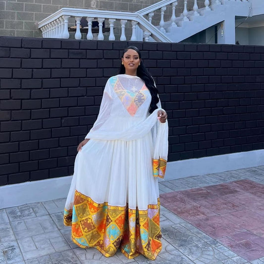 Remarkable Ethiopian Traditional Dress with Ornamented Embroidery