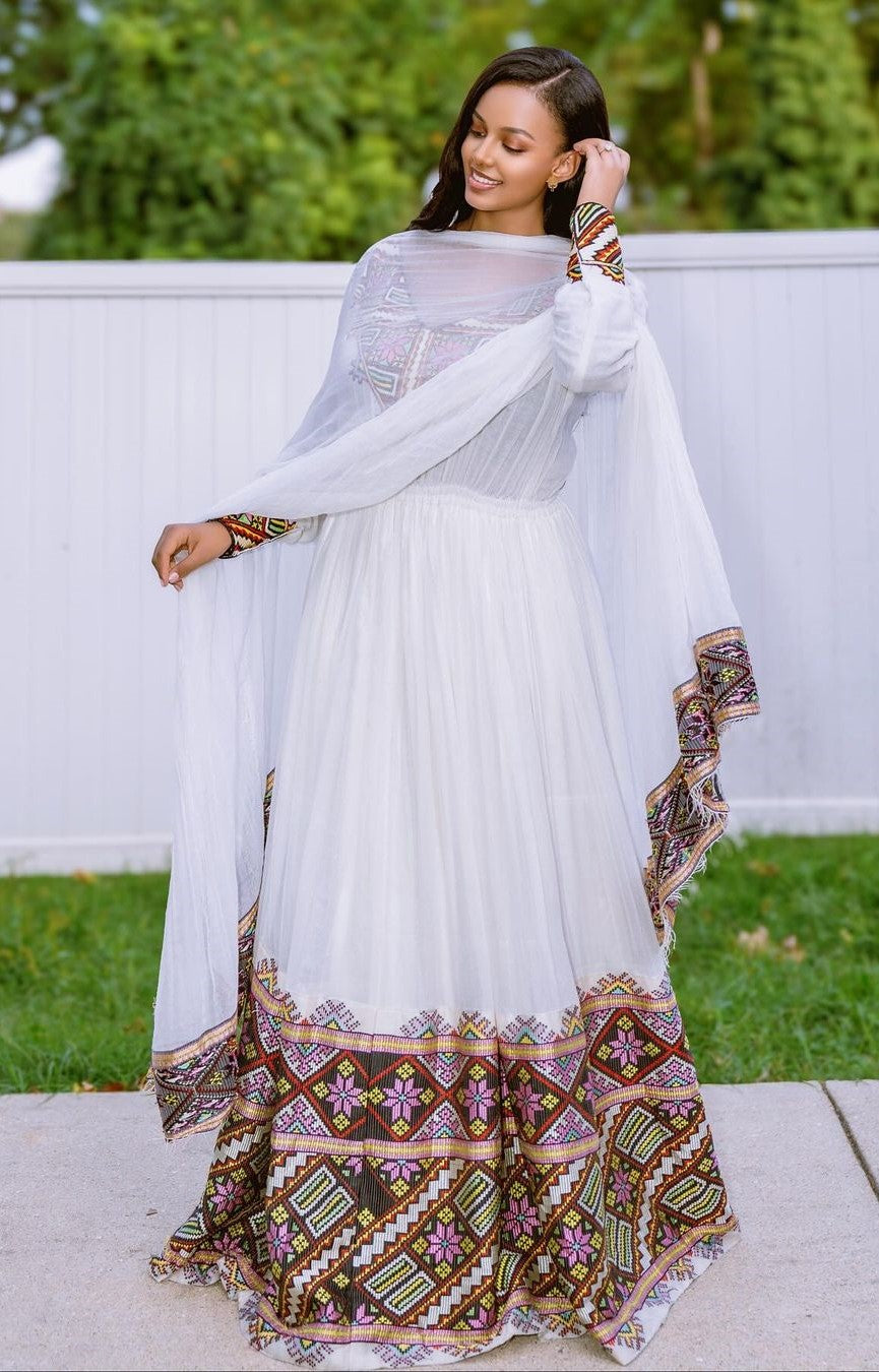 Elegant Ethiopian Dress Woven in Multicolor: Habesha Cultural Dress for Special Occasions