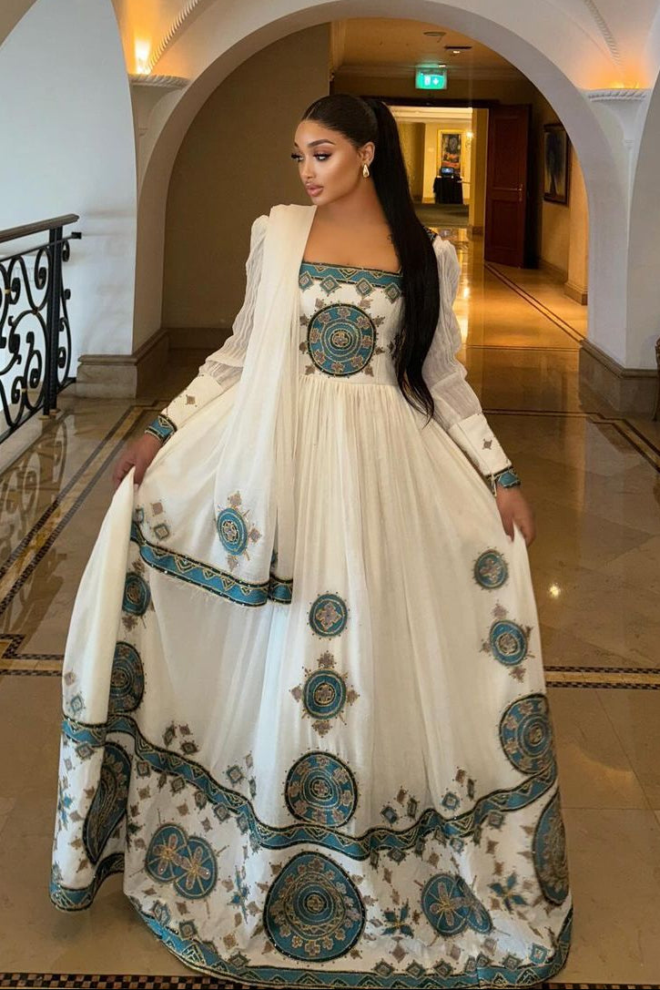 Luxurious Dark Blue Habesha Dress: Traditional Ethiopian Dress with Beautiful Handmade Embroidery