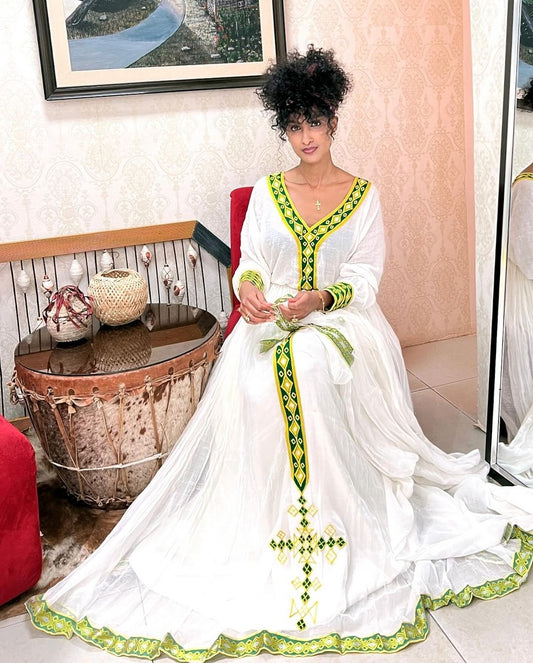 Classic Yellow and Green Detailing Habesha Dress
