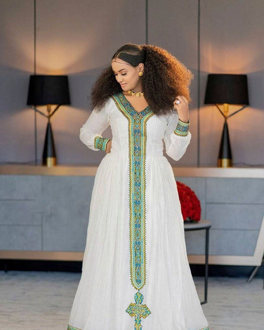 Vibrant Habesha Dress with Wide Handwoven Embellishment