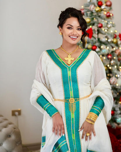 Exquisite Green Habesha Dress: with Light Green Handmade Detailing Traditional Ethiopian Dress