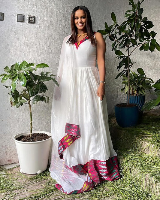 Radiant Pink Patterned Ethiopian Traditional Dress