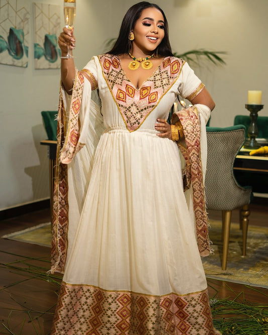 Majestic Diamond-Shaped Embroidered Habesha Dress