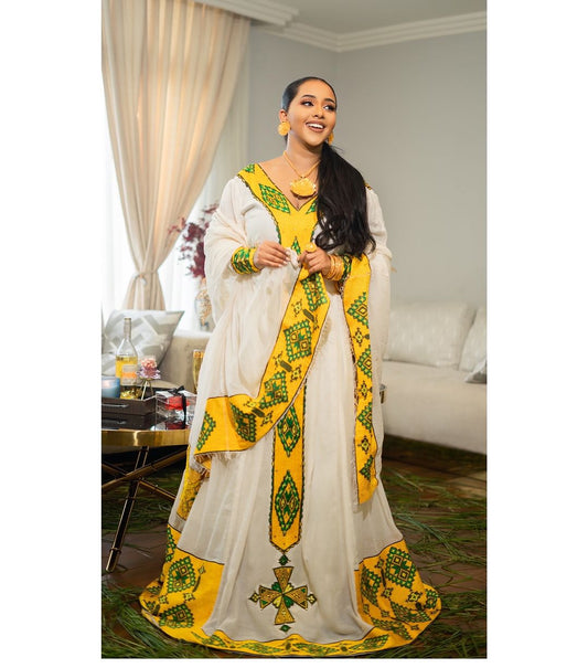 Striking Yellow and Green Handwoven Habesha Dress