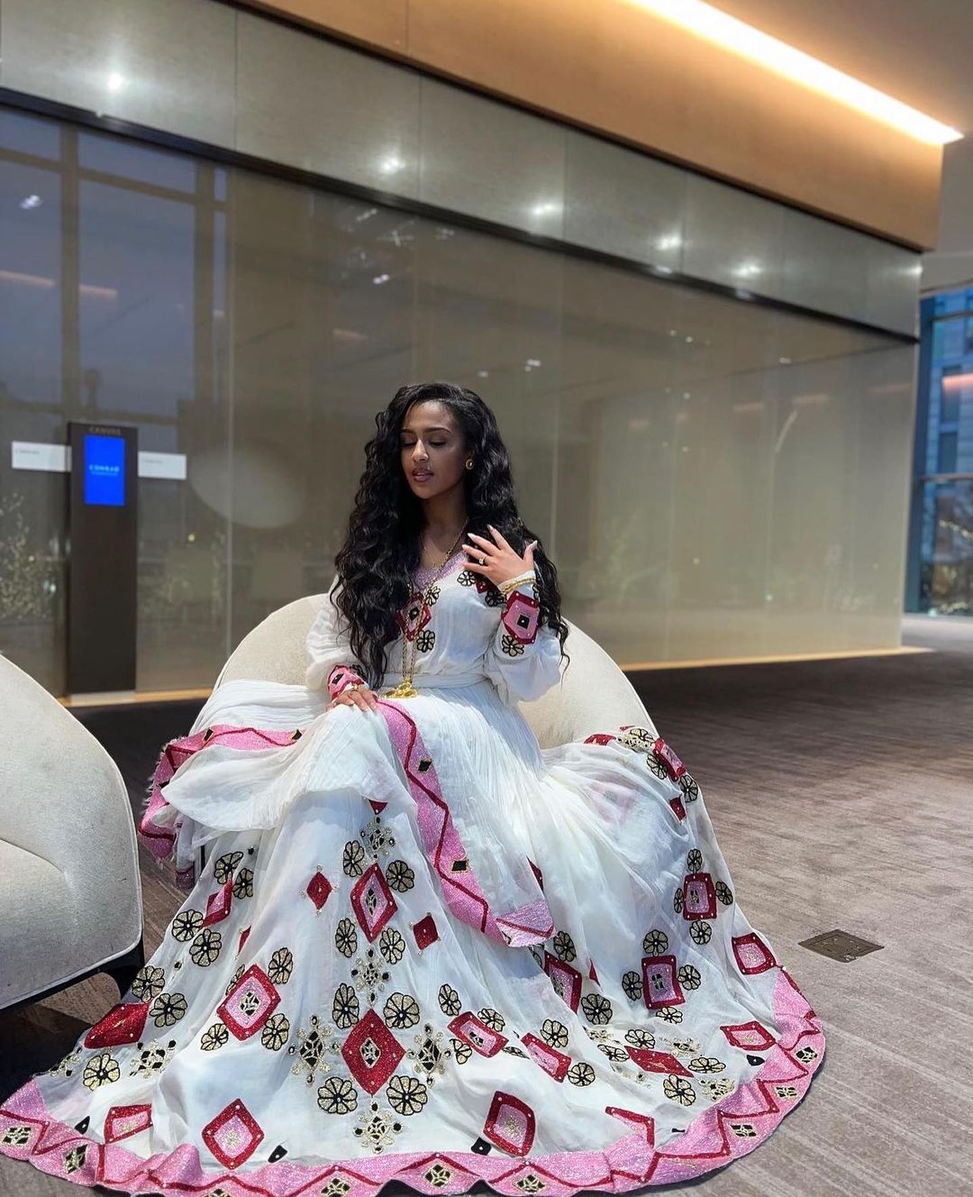 Dazzling White & Scarlet Red Modern Habesha Dress for Gala Evenings main image 1