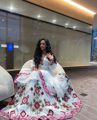 Classic Pink and Red Modern Habesha Dress