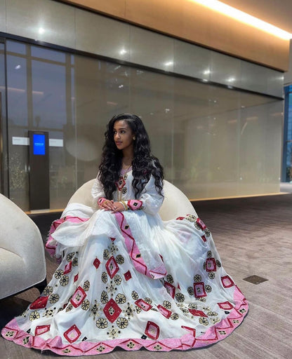 Classic Pink and Red Modern Habesha Dress: with Flowery and Diamond Embellishment Traditional Ethiopian Dress