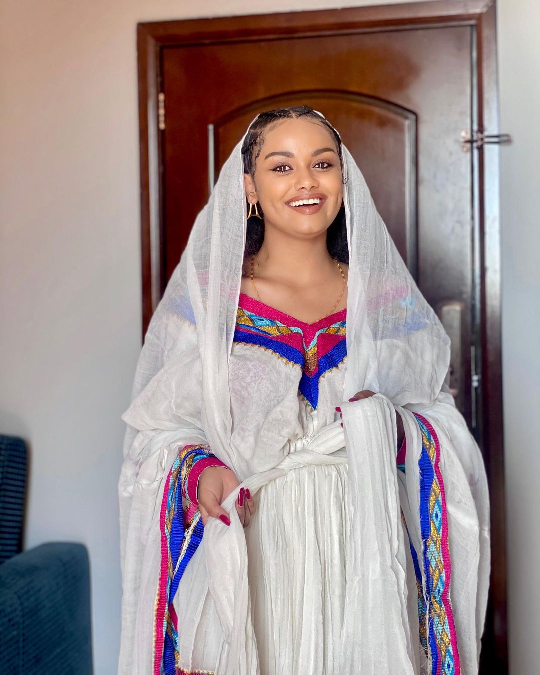 Dazzling Habesha Look with Multicolored Draping Design Ethiopian Traditional Dress