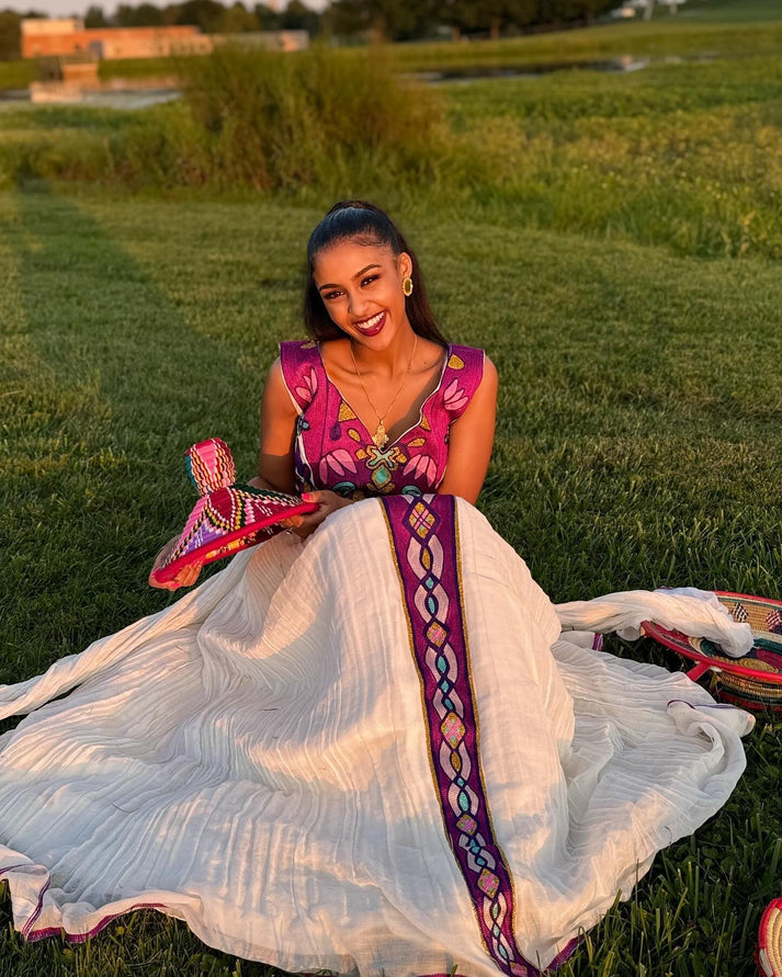 Modern Ethiopian Gown - White Habesha-Inspired Dress with Pink Accents