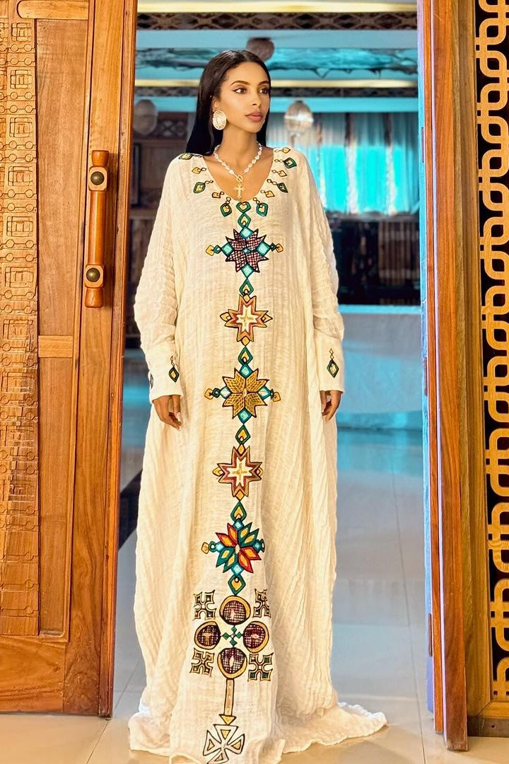 Vibrant Traditional Ethiopian Outfit :with Geometric and Colorful Embr ...