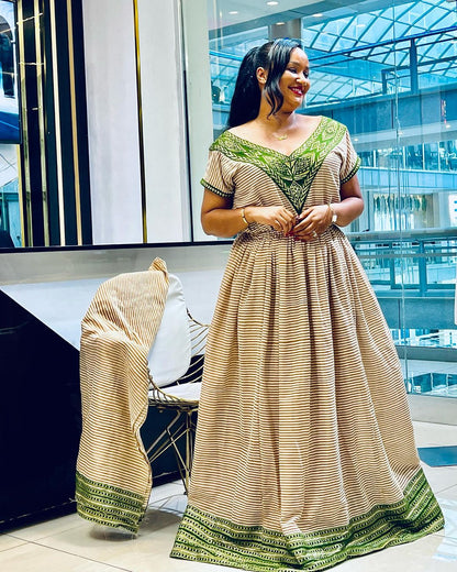 Marvelous Beige with Green Traditional Dress: with Amazing Handmade Patterns Habesha Dress XL Marvelous Beige with Green Traditional Dress: with Amazing Handmade Patterns Habesha Dress XL