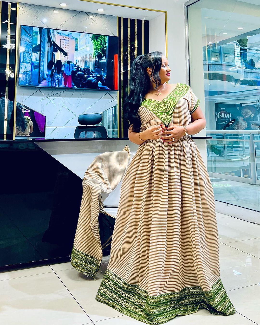 Marvelous Beige with Green Traditional Dress: with Amazing Handmade Patterns Habesha Dress XL Marvelous Beige with Green Traditional Dress: with Amazing Handmade Patterns Habesha Dress XL