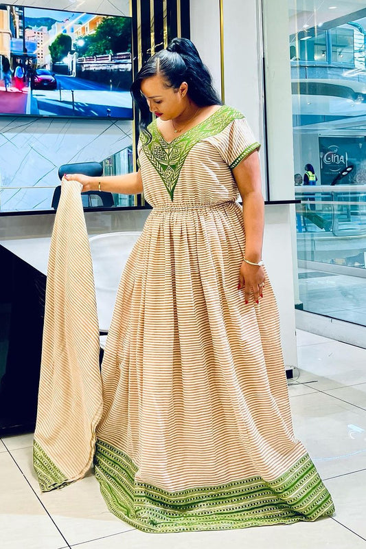 Marvelous Beige with Green Traditional Dress: with Amazing Handmade Patterns Habesha Dress