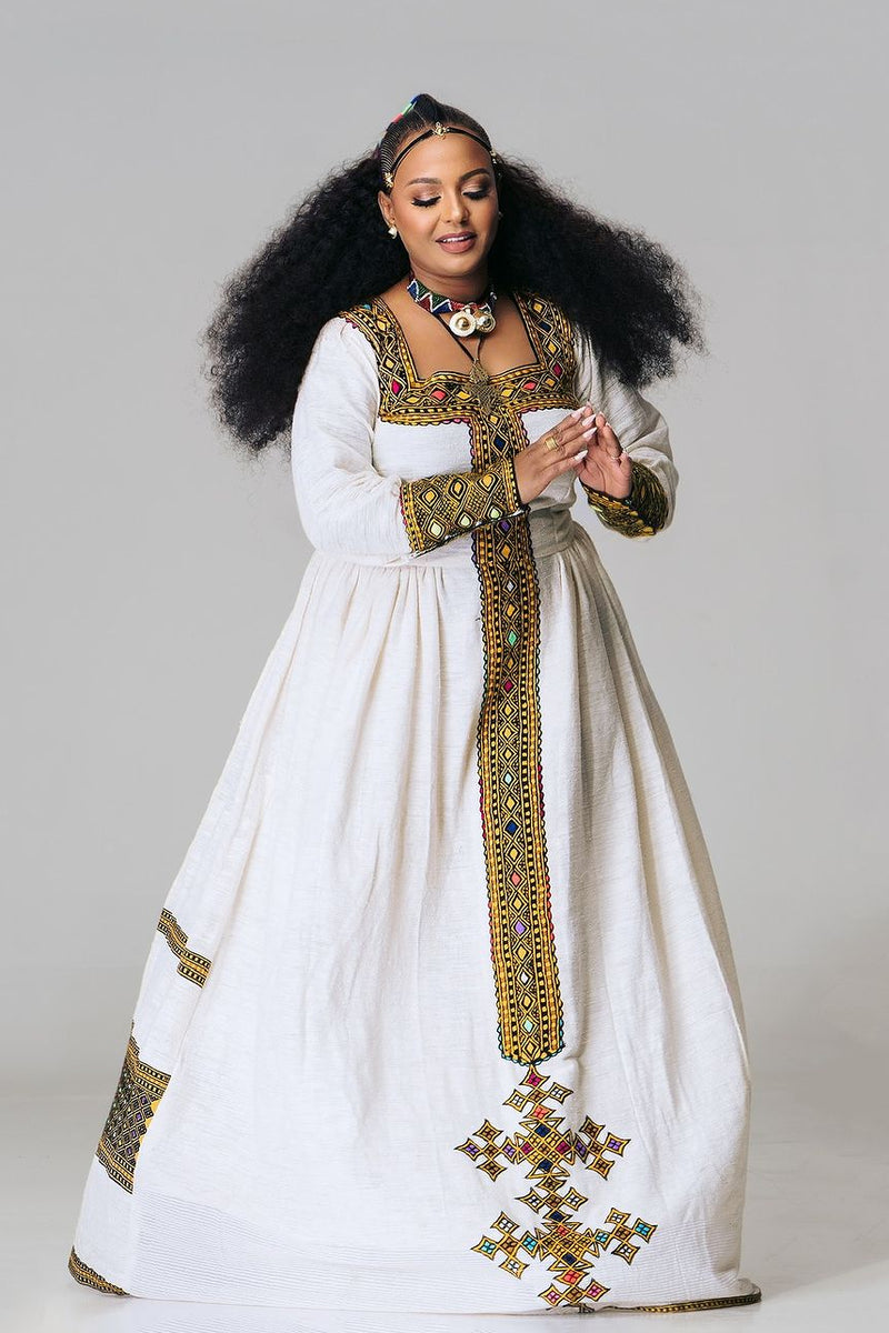 Magnificent Traditional Ethiopian Dress: with Geometrical Handcrafted Embroidery Habesha Dress for Cultural Events Habesha Kemis