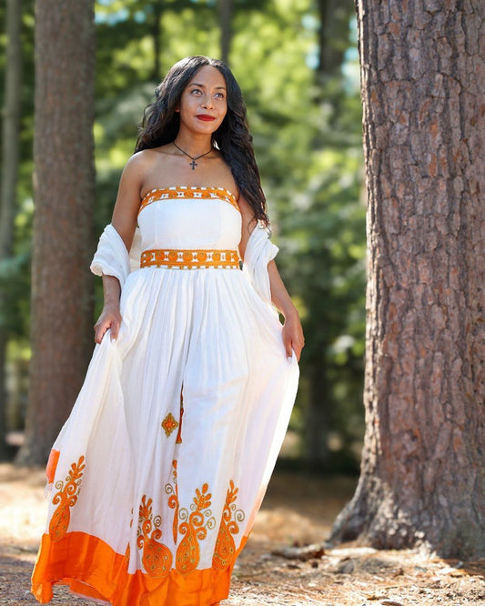Strapless Orange Traditional Ethiopian Dress