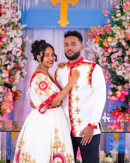 Alluring Red Traditional Ethiopian Couples Outfit: with Golden Handstitched Matching Habesha Couples Outfit