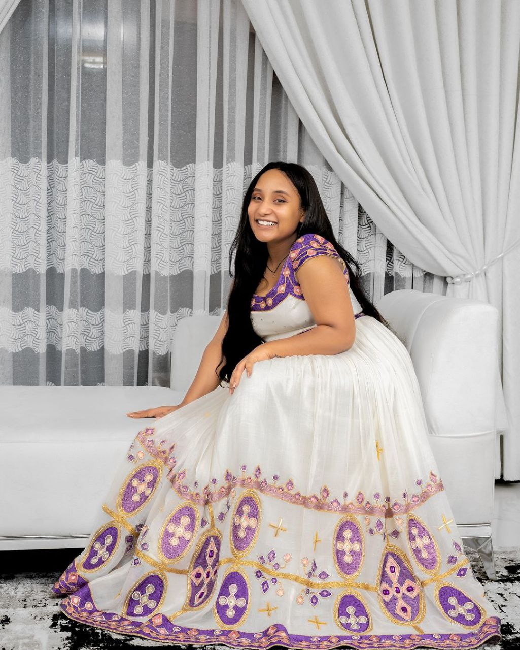 Purple Elegance in Ethiopian Traditional Dress: Handmade Cultural Adornments Habesha Kemis Beautiful Ethiopian Wedding Dress