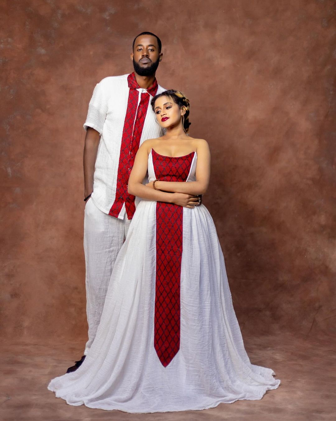 Captivating Red Matching Habesha Couples Outfit