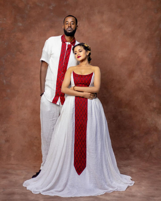 Captivating Red Matching Habesha Couples Outfit