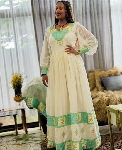 Refreshing Light Green Traditional Ethiopian Dress: with Yellow Golden TheEthiopianStore Refreshing Light Green Traditional Ethiopian Dress: with Yellow Golden TheEthiopianStore