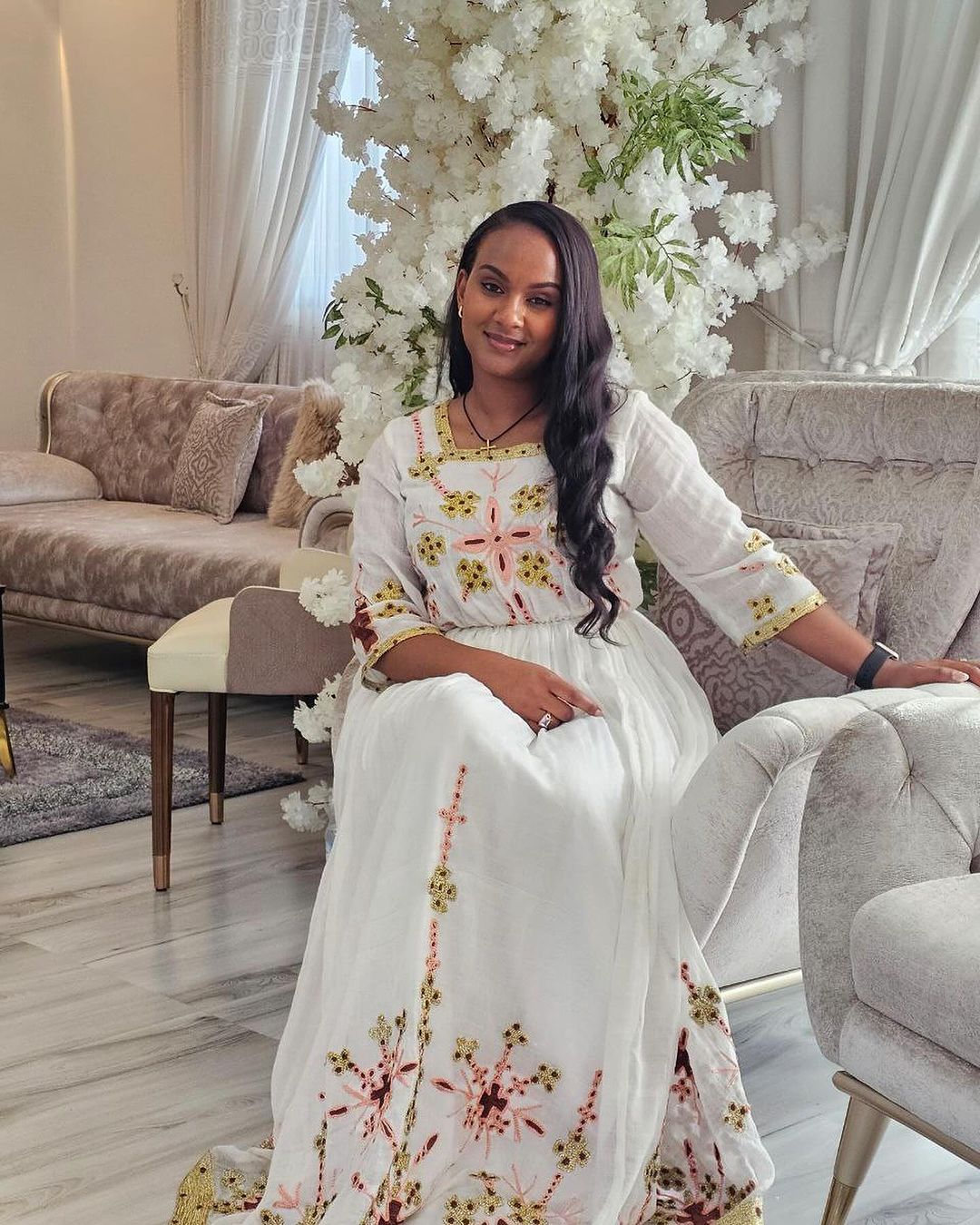 Pleasant Pink and Golden Habesha Dress Unique: with Cross Stitched Geometrical Pattern Traditional Ethiopian Dress Fabulous Habesha Kemis