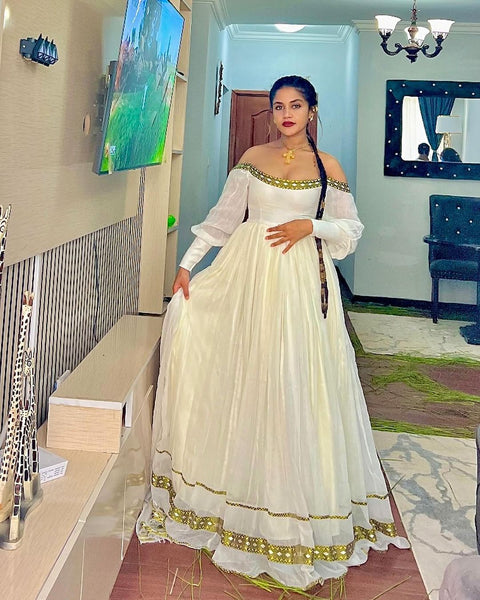 off shoulder habesha dress Shimmering Off Shoulder Habesha Dress: with Handmade Thin Adornments Traditional Ethiopian Dress Modern Habesha Kemis XXL