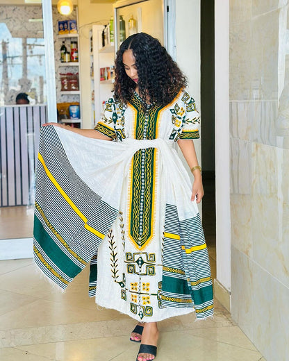Delicate Beadwork on Traditional Ethiopian Dress: with Rhinestone/Silver Ornaments Habesha Dress Cultural Habesha Kemis