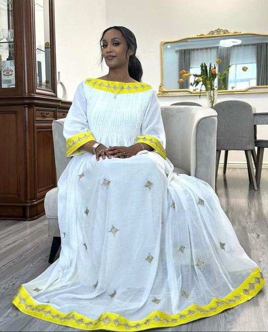 Yellow Simple Designed Habesha Dress: Diamond Shaped Silver Detailing Traditional Ethiopian Dress Flowy Habesha Kemis