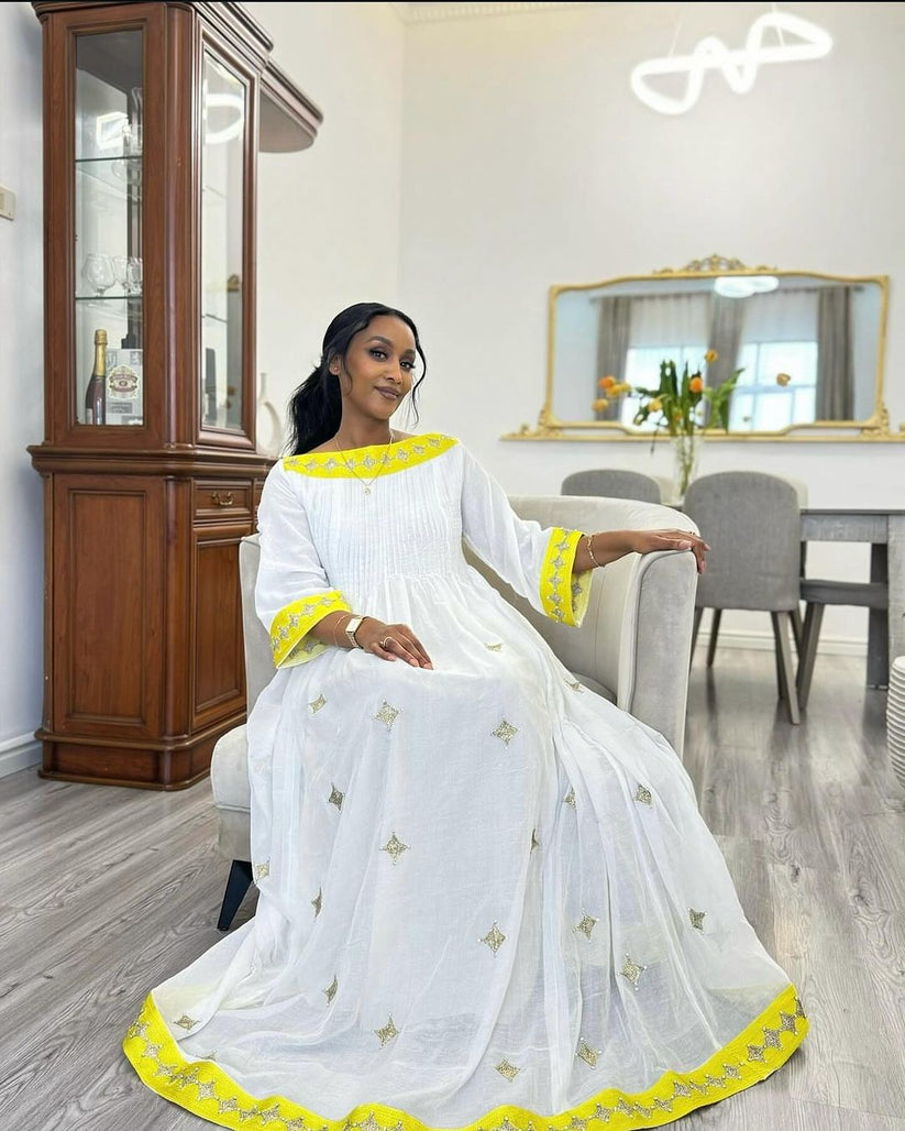 Habesha Dress - Off-White Cotton with a Touch of Gold