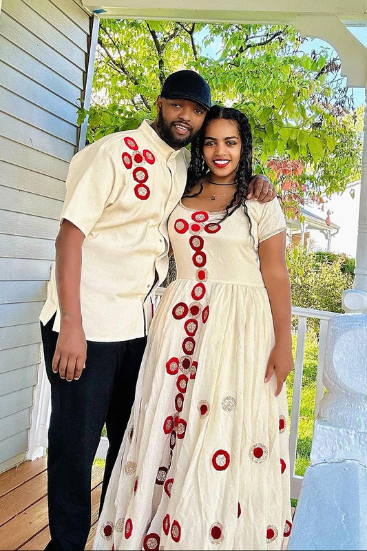 Perfect Matching Traditional Ethiopian Couples Attire: Red Embroidery Artistry on Habesha Couples Outfit