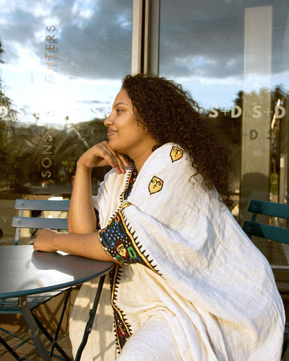 Charming Creamy with Blue Ethiopian Traditional Dress: with Rhinestone/Silver Handmade Ornaments Habesha Dress Simple Eritrean Clothing