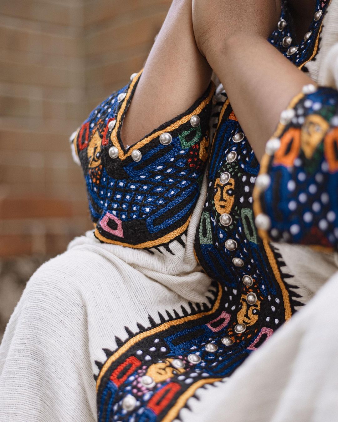 Charming Creamy with Blue Ethiopian Traditional Dress: with Rhinestone/Silver Handmade Ornaments Habesha Dress Simple Eritrean Clothing
