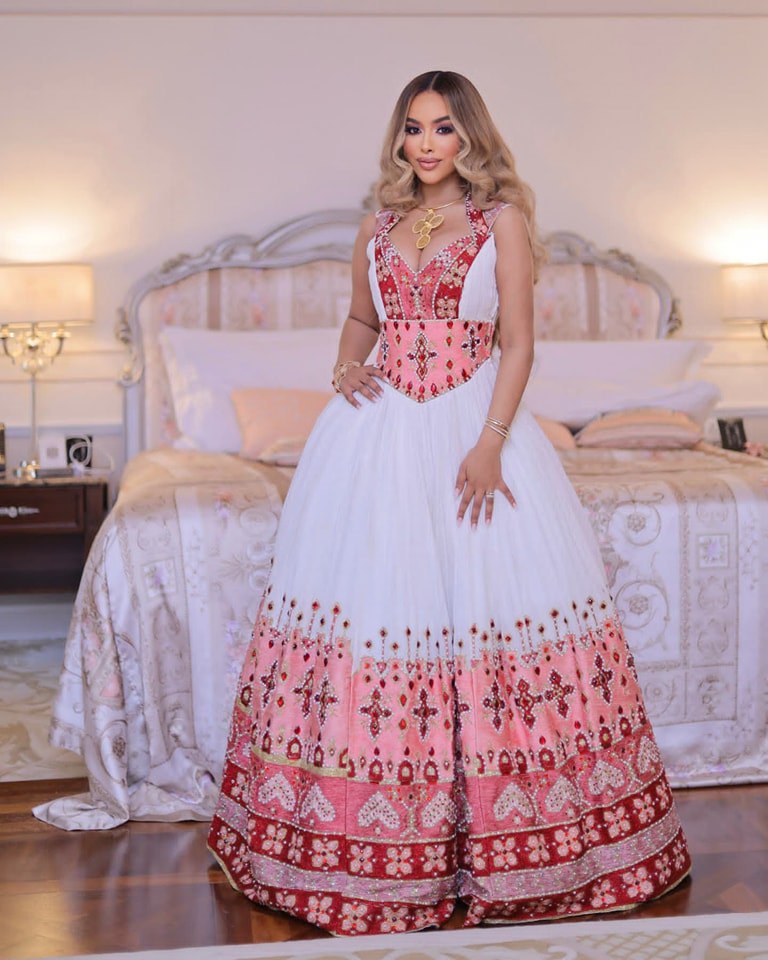 Pink Based Multicolored Eritrean Clothing: with Cross Adornments Ethiopian Traditional Dress  Elegant Ethiopian Wedding Dress