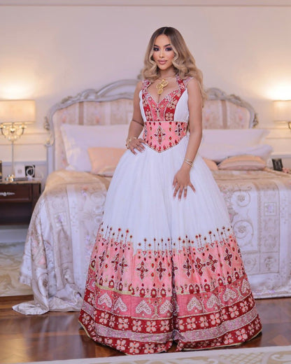 Pink Based Multicolored Eritrean Clothing: with Cross Adornments Ethiopian Traditional Dress  Elegant Ethiopian Wedding Dress
